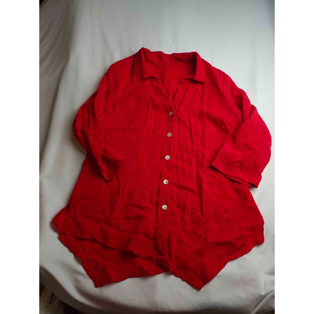 FRIDAZE Button Down Shirt Womens Large Red Linen Wrinkle Resistant Minimalist